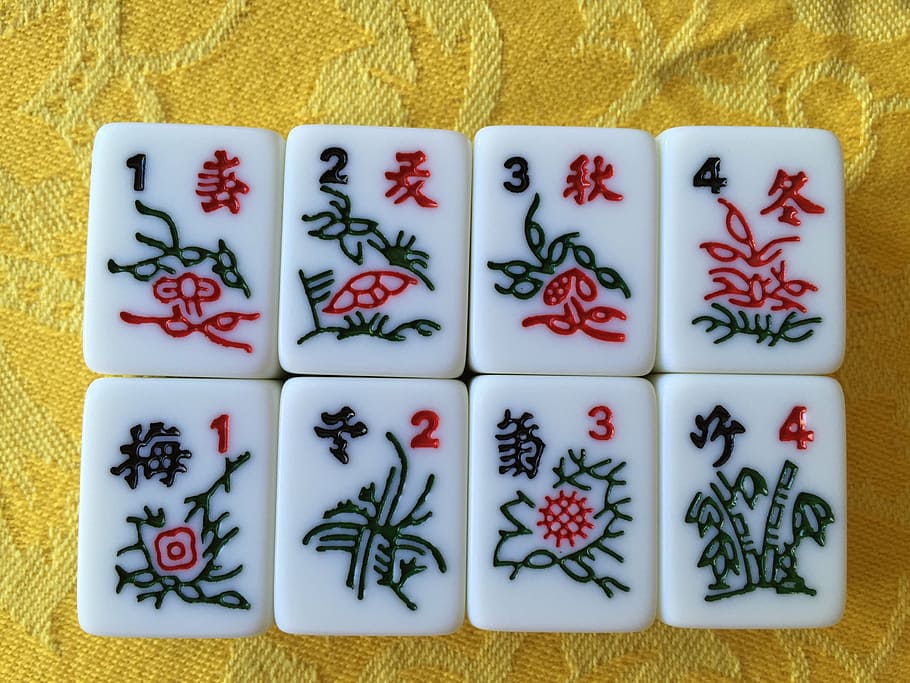 mahjong, azulejos, chino, juego, encontrar un par, culturas, en interiores, sin personas, en una fila, directamente arriba