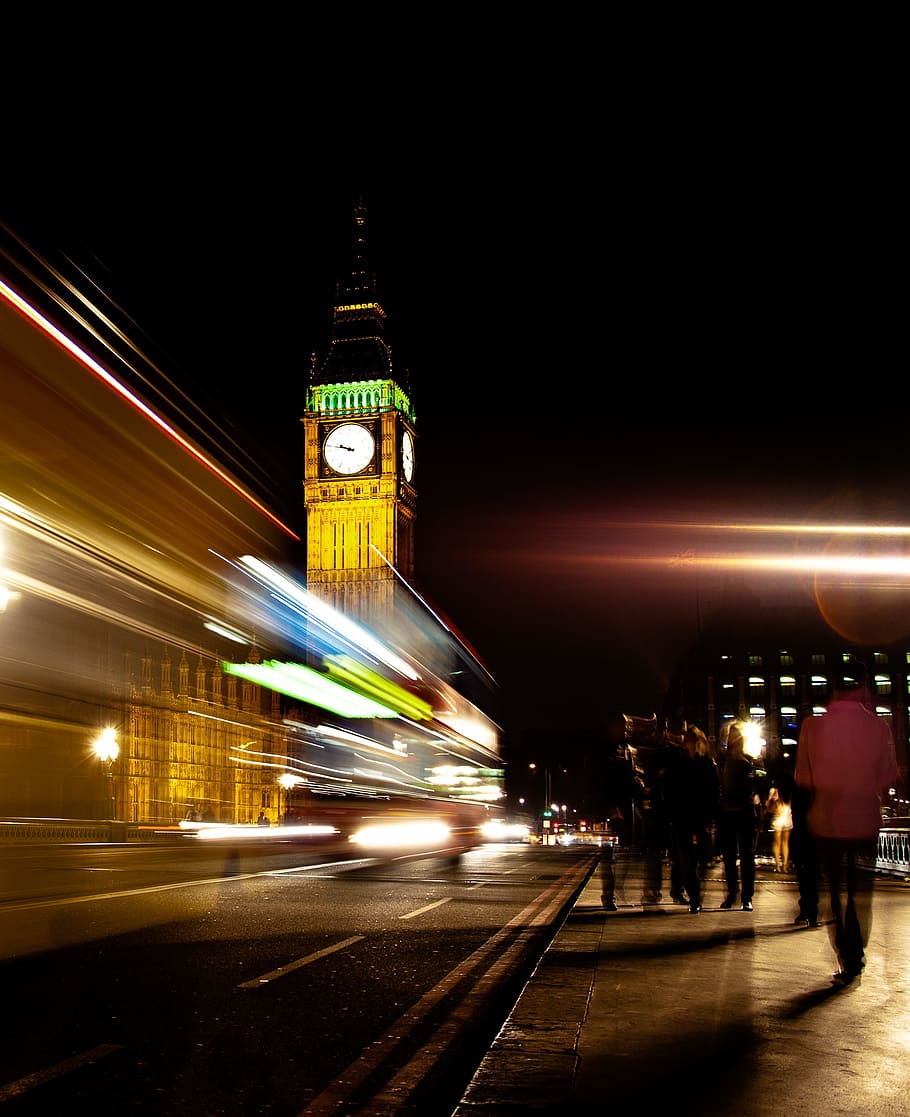 timelapse photo, big, ben, night time, timelapse, Big Ben, london bus, parliament bridge, england, landmark
