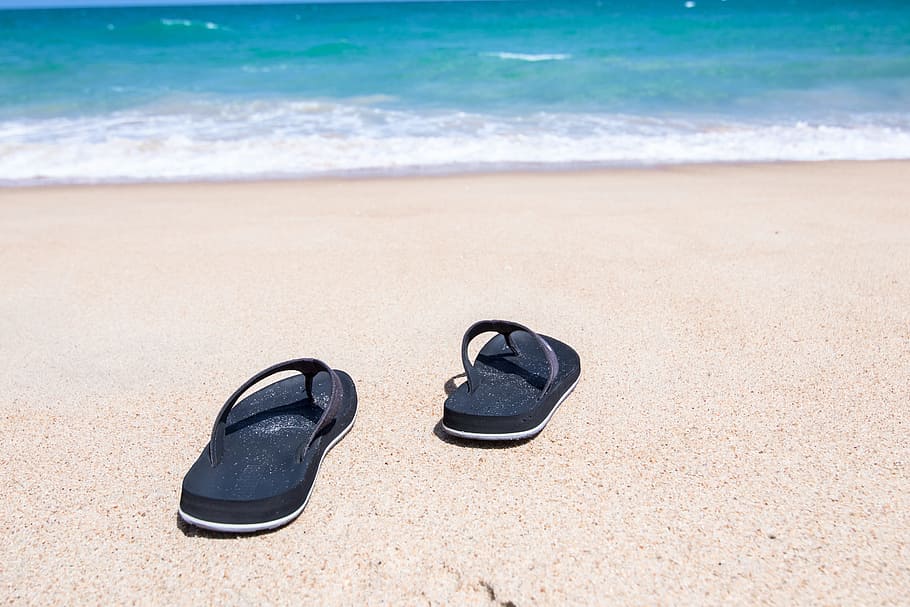 pair, black, flip-flops, brown, sand, along, seashore, amazing, andaman sea, background