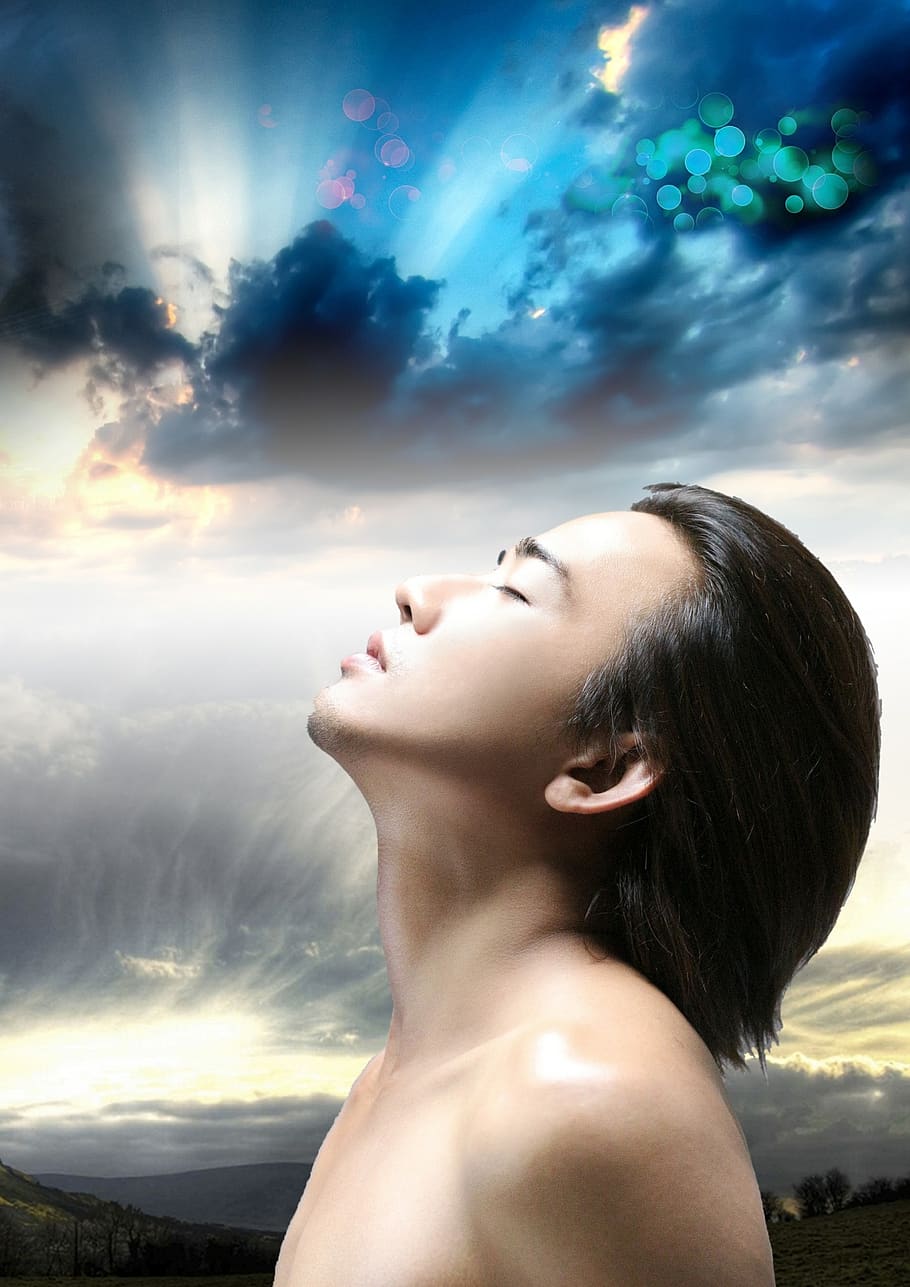 man, fantasy, sky, clouds, sunlight, pensive, radiant, expressive, asian, thought