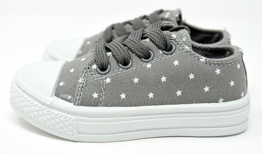 selective, focus, gray-and-white, star, print, low-top, lace-up, sneakers, white, surface