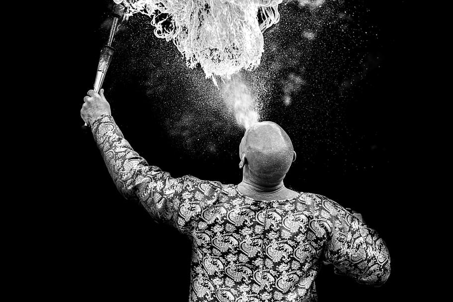 circus, the fire-breathing, fire, black and white, atmosphere, man, juggles, juggler, magic, fantasy