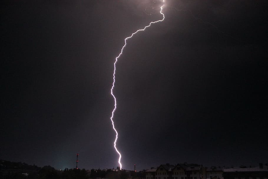lightning over city, storm, lightning, plasma, clouds, cloud cover, white, blue, nature, ground lightning
