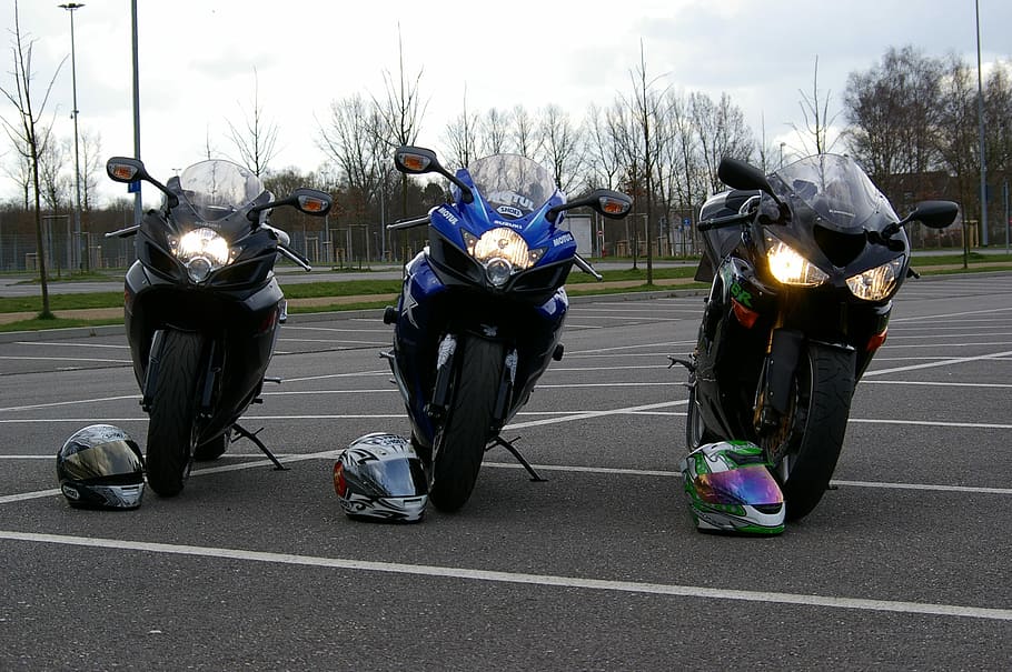 Motorcycles, Suzuki, Kawasaki, two wheeled vehicle, moped, three, motorcycle, helmet, crash helmet, riding