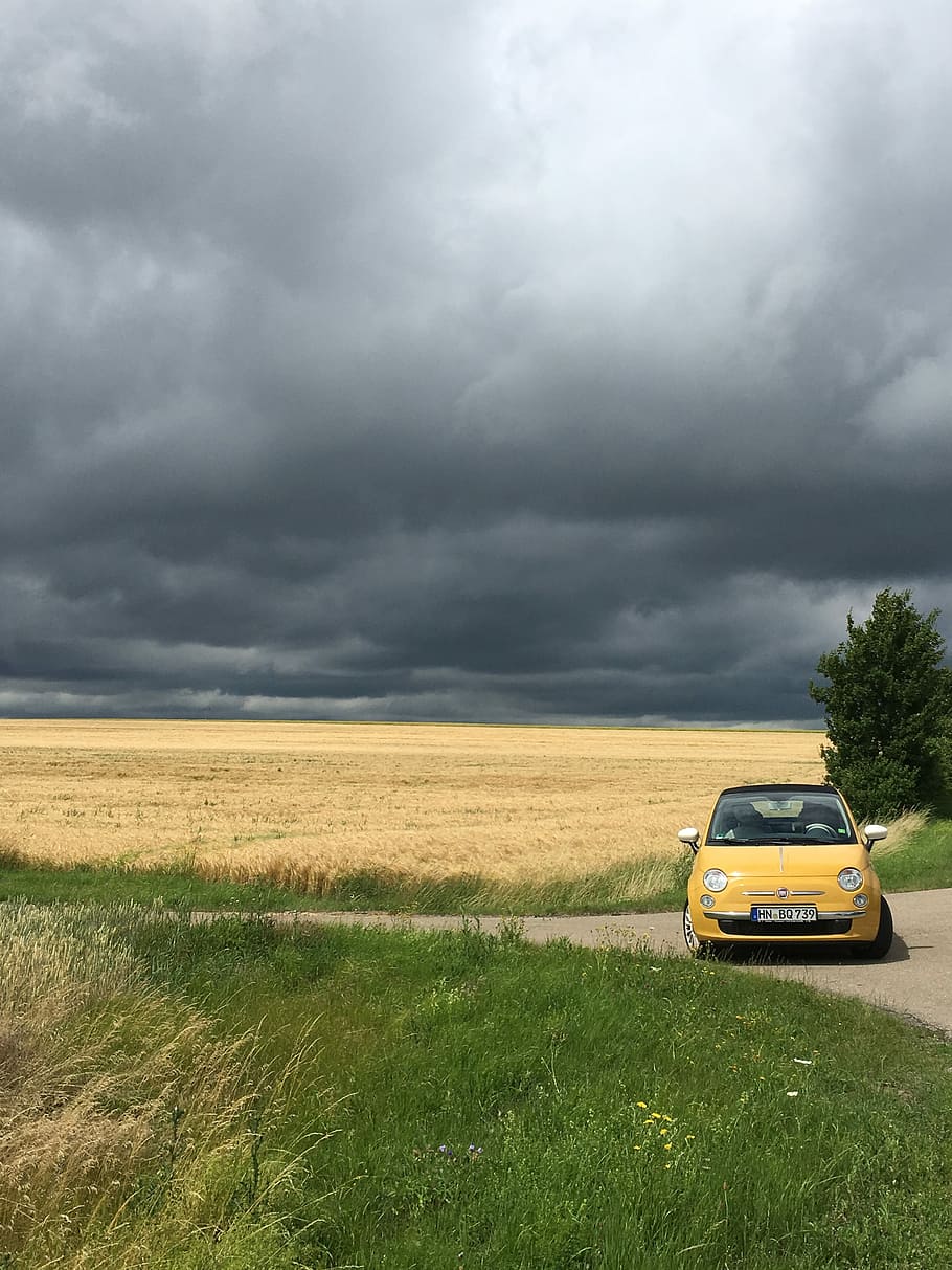clouds, fiat, fields, meadow, weather, fiat 500, dramatic, cloud - sky, mode of transportation, storm