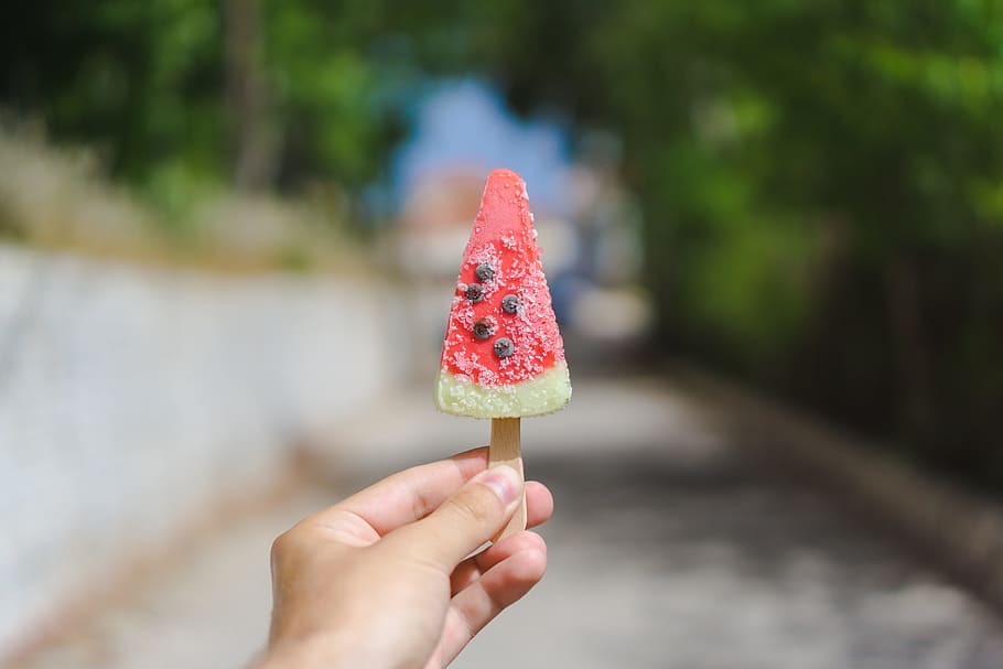 person, holding, watermelon ice cream, dessert, appetizer, food, stick, people, hand, seed