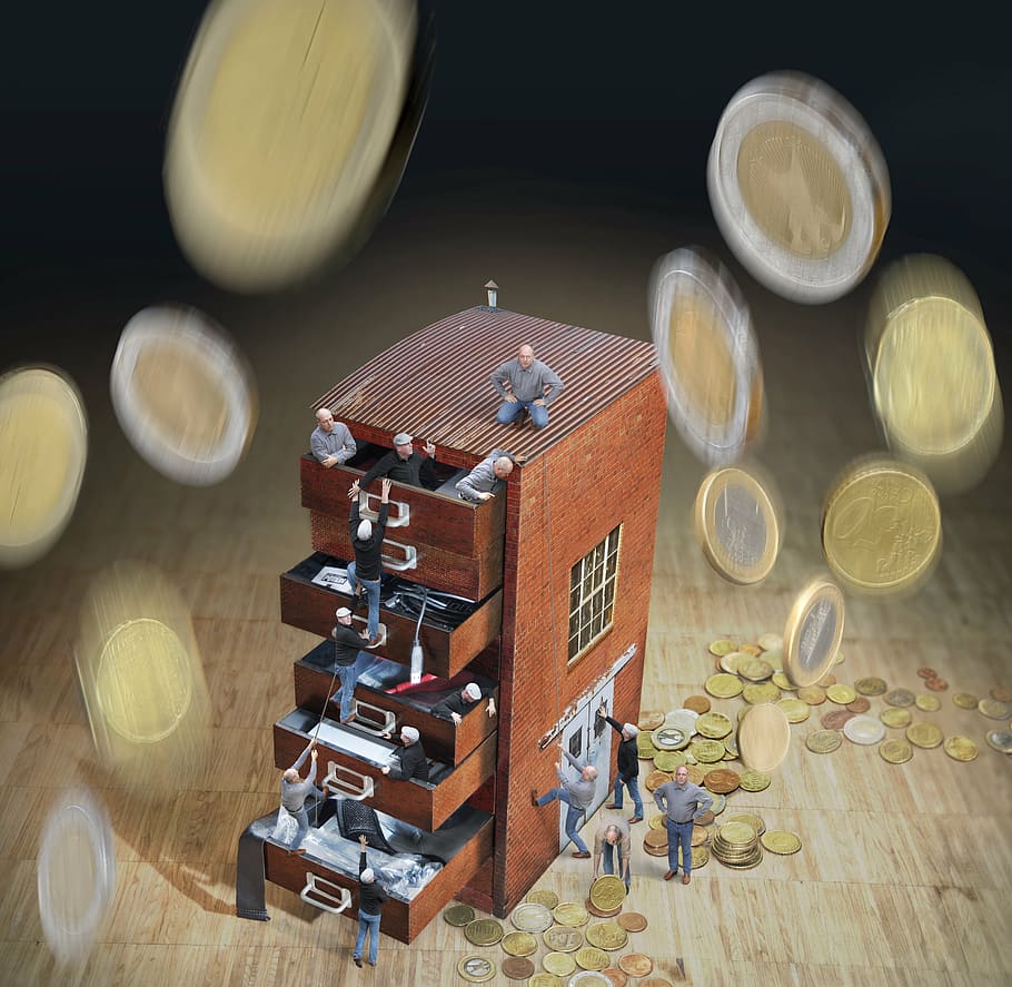 brown, drawer building, dropping, coins illustration, work, money, chaos, container, workplace, composing