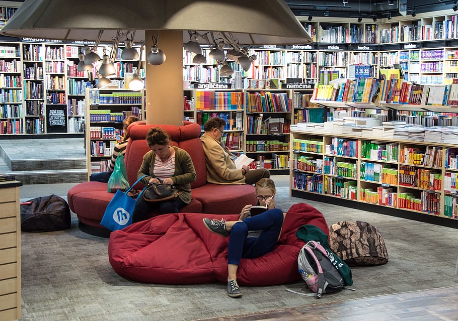 four, people, sitting, red, cushion, chairs, reading book, inside, library, books