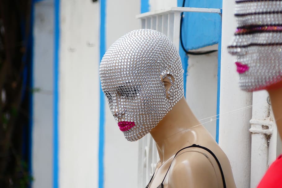 mask, head, facemask, art, doll, jewellery, human representation, headshot, mannequin, focus on foreground