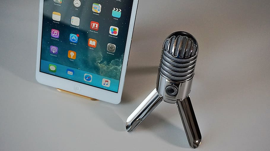 white, ipad, ip camera, microphone, tablet, podcast, condenser microphone, home office, technology, equipment