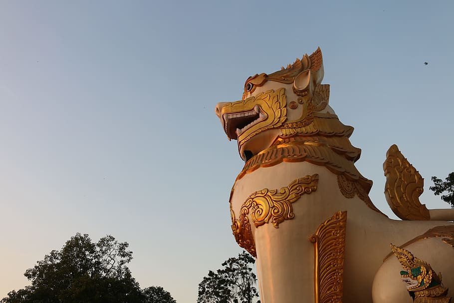 Shwedagon, Pagode, Composto, Estátua, animal, Yangon, Indochina, Mianmar, escultura, céu