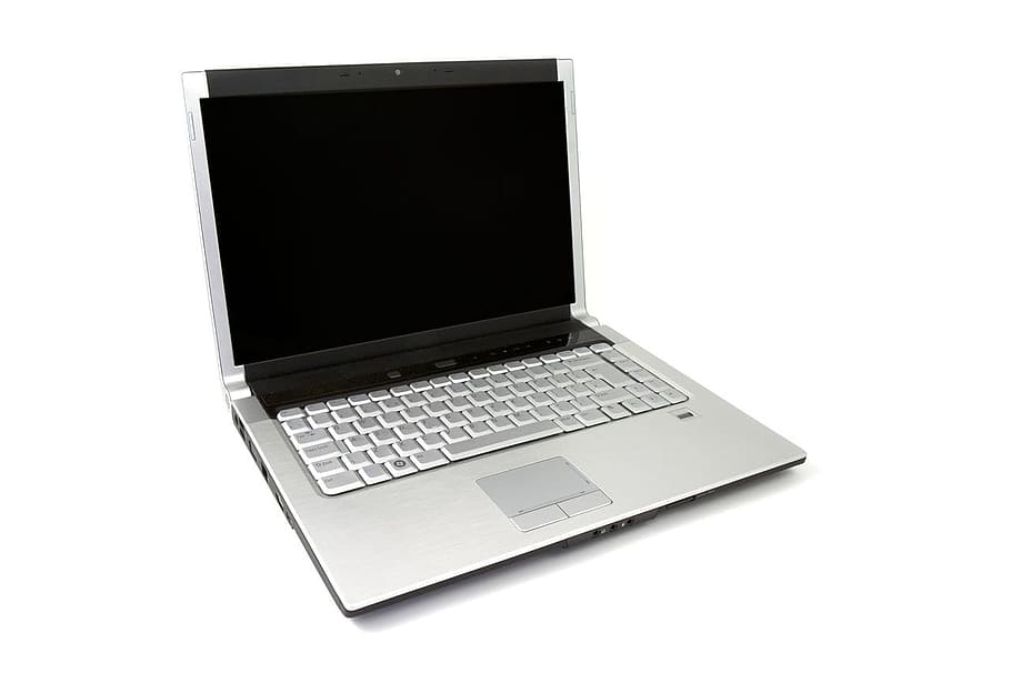 turned-off silver laptop computer, computer, laptop, notebook, screen, monitor, keyboard, white background, technology, cut out