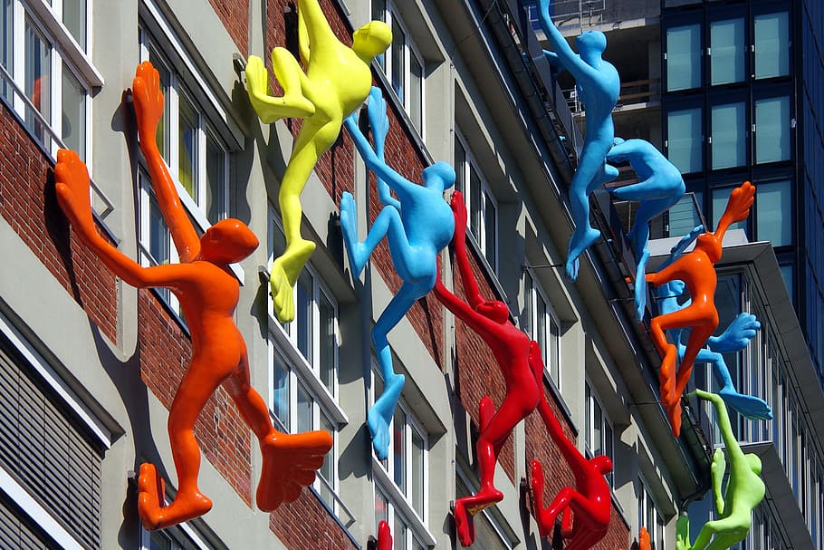 plastic toy, climbing, wall, düsseldorf, germany, building, structure, facade, architecture, figures