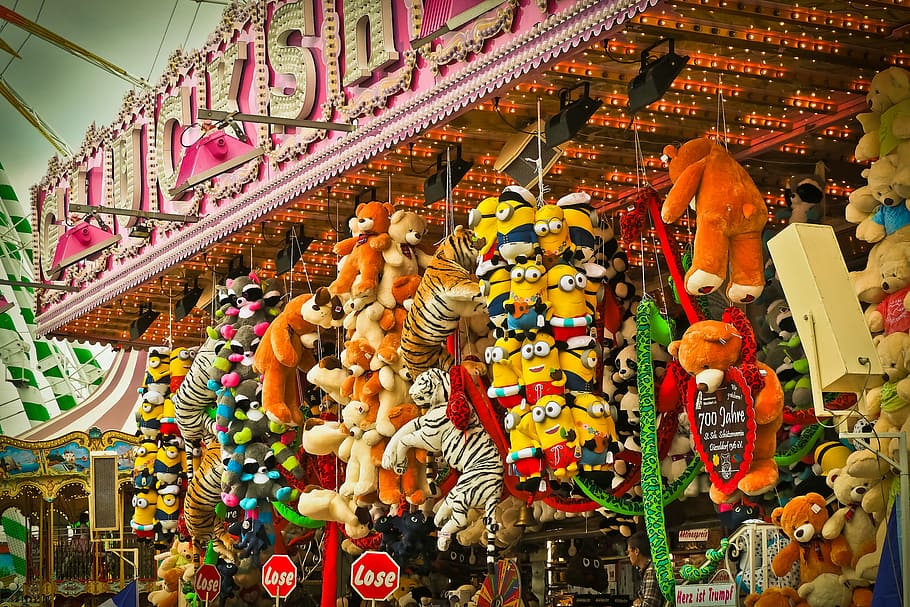 assorted, plush, toys, hanging, led, signage, fair, year market, folk festival, colorful