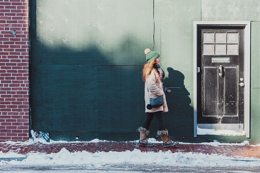 woman, walking, sidewalk, snow, winter, white, cold, weather, ice, people