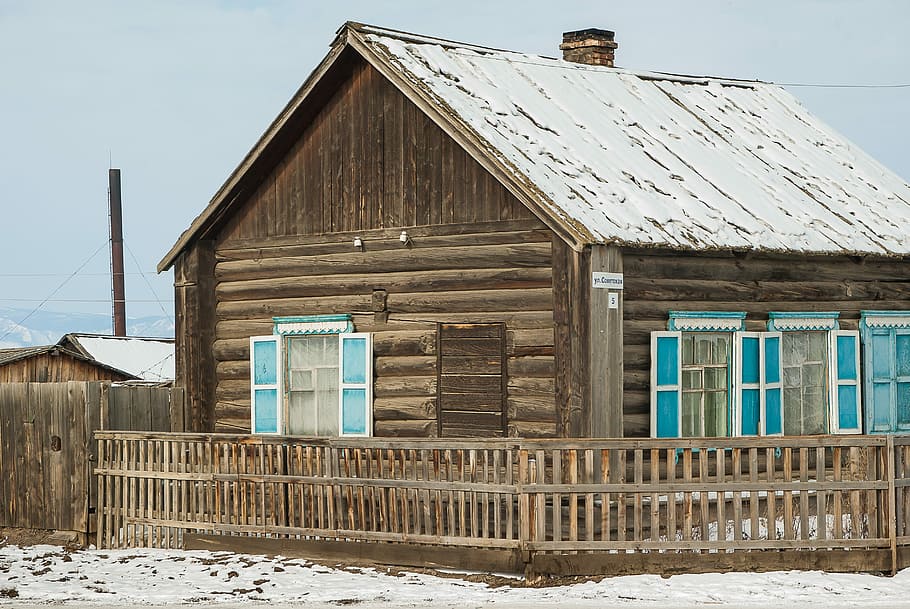 closed, brown, wooden, house, siberia, lake baikal, wooden house, chalet, built structure, architecture
