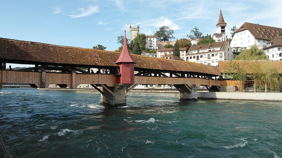 Lucerne, Spreuer Bridge, Water, bridge, mus harrows tower, musegg wall, reuss, river, blue, switzerland
