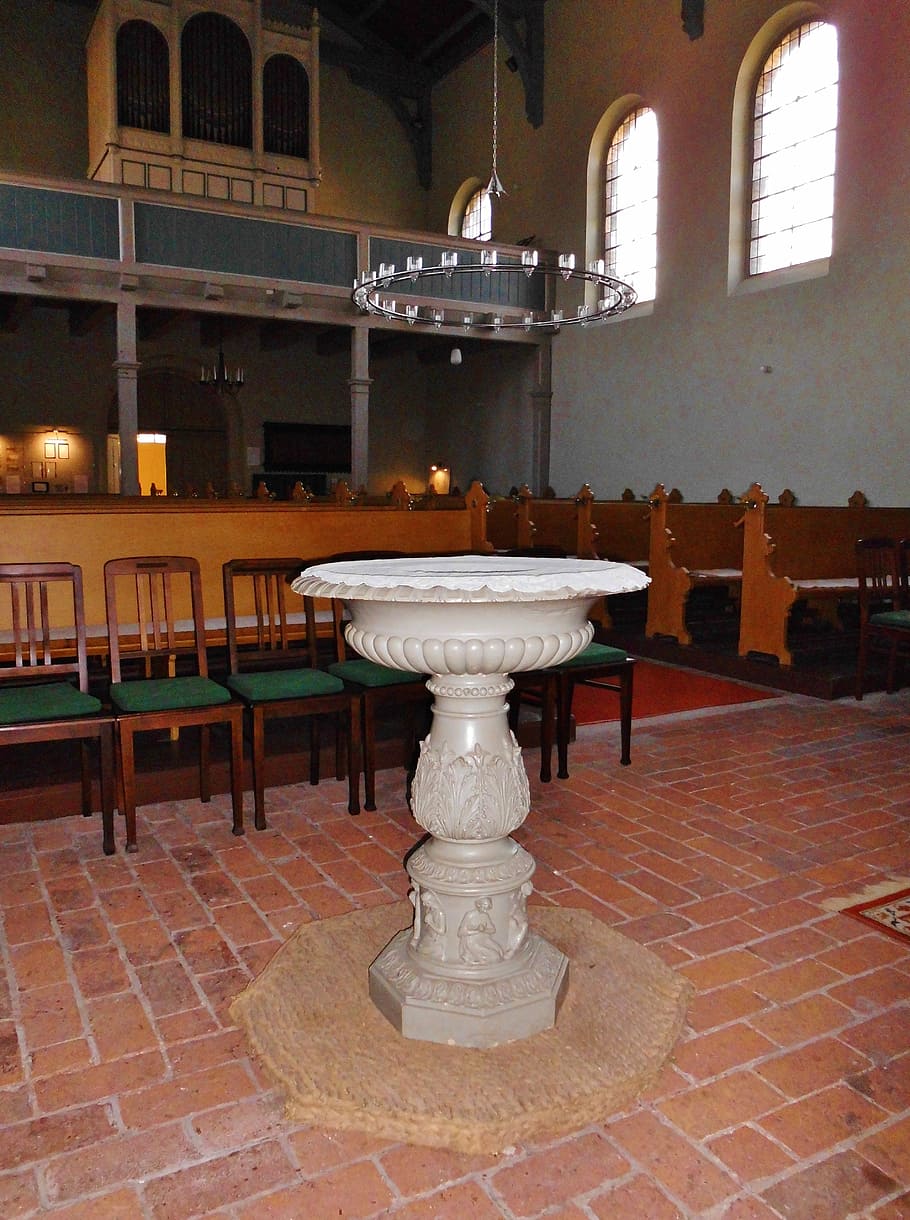 baptismal font, church, church room, baptism, silent, religion, christianity, architecture, seat, table