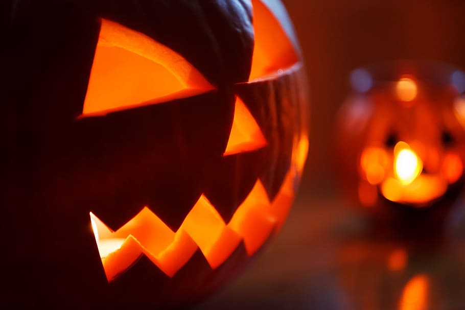 selectivo, foto de enfoque, linterna de Jack-o, Jack-o-Lantern, otoño, decoración, cara, de miedo, halloween, cabeza