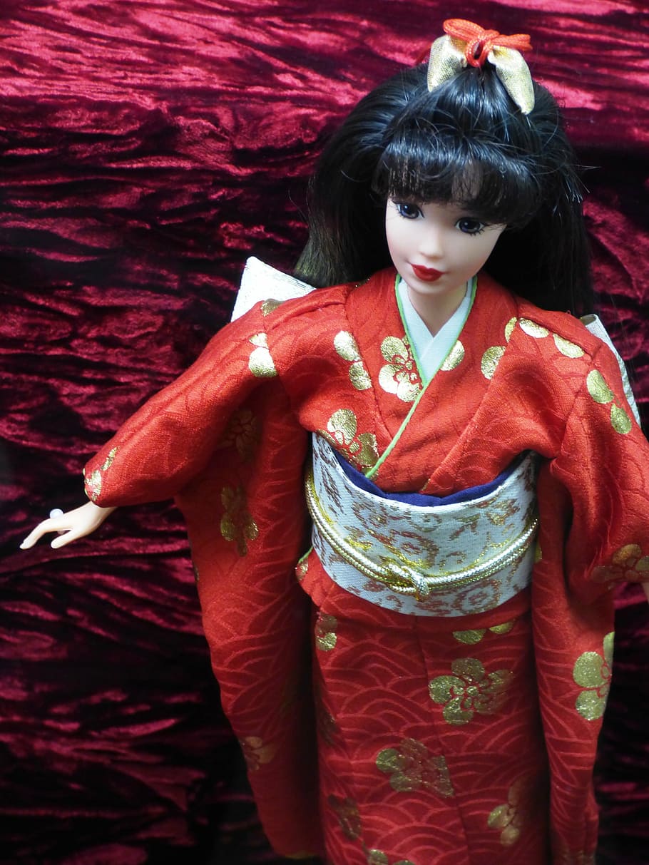 boneka, barbie, jepang, asia, geisha, timur, kimono, wanita, merah, satu orang