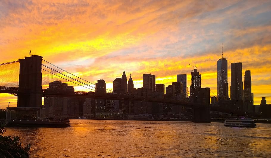 manhattan, nyc, new york, usa, east river, brooklyn bridge, sunset, skyline, panoramic, city
