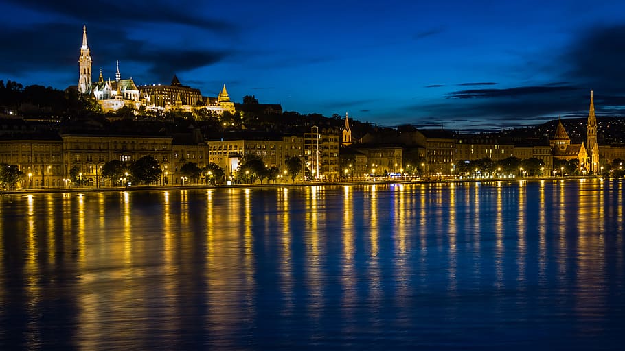 photography, city light, reflecting, body, water, budapest, danube, river, reflection, at night