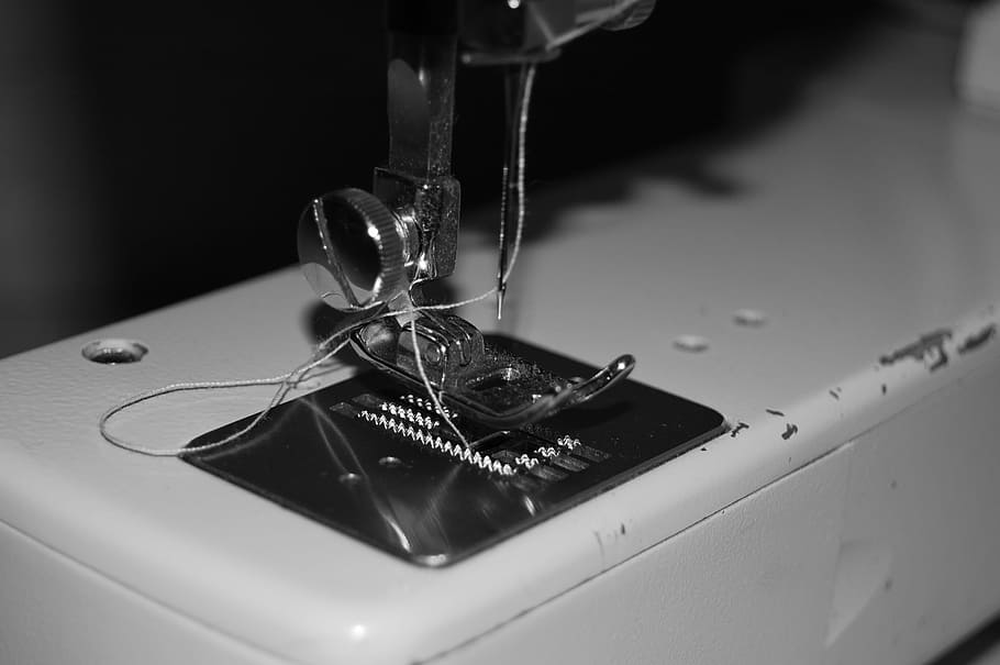 Sewing Machine, Needle, Thread, sewing machine, needle, black and white, craft, tailoring, close-up, indoors, textile