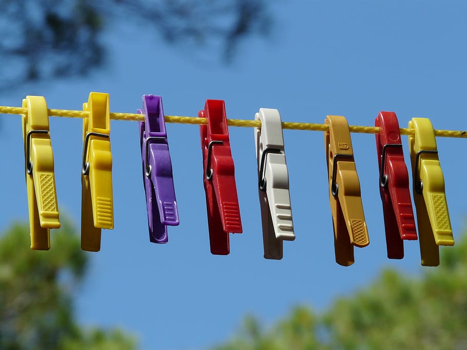 assorted-color clip, hanging, yellow, string, clothespins, clothes line, dry, sky, wash, laundry