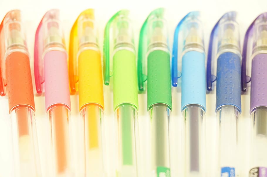 ballpoint pen, pen, colorful, red, pink, orange, yellow-green, green, light blue, blue