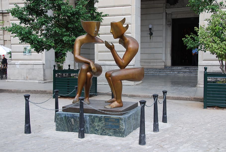pessoa, tirando, foto, óptico, estátua de ilusão, Estátua, Ilusão, Cuba, Havana velha, escultura