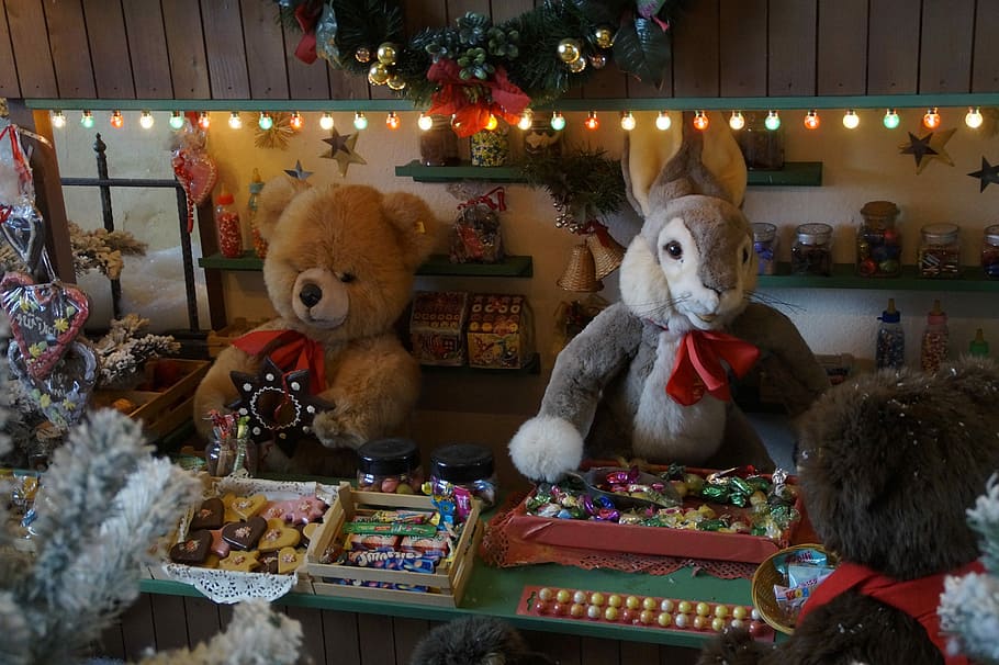 two, brown, gray, teddy, bear, bunny, plush, toys, Christmas Market, Stand