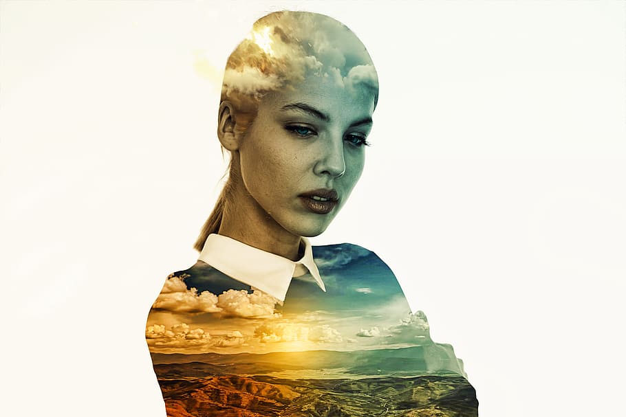 woman, black, white, collared, top, double exposure, double, exposure, portrait, fantasy portrait