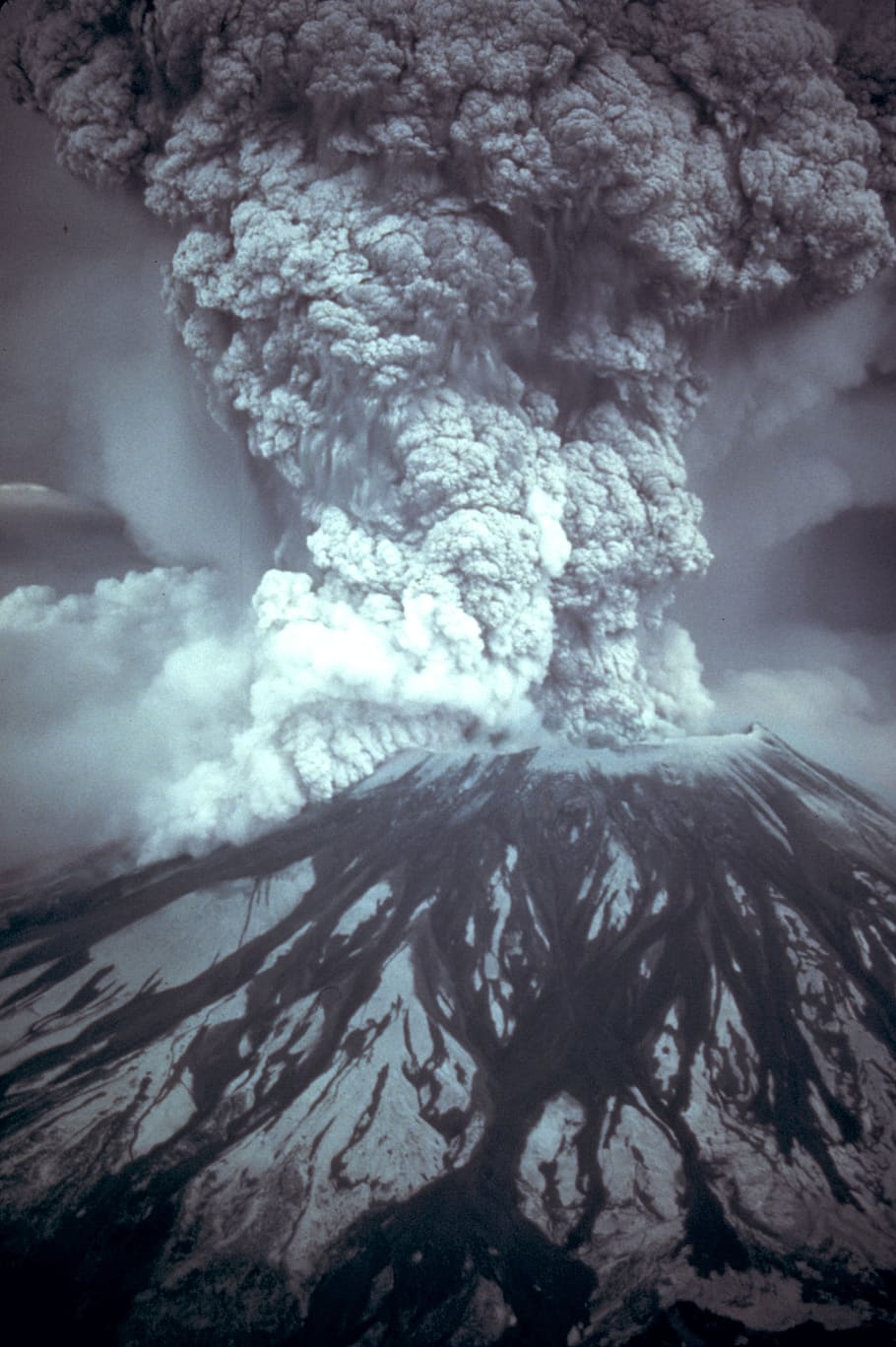 grayscale photo, volcanic, eruption, mount st helens, volcanic eruption, outbreak, explosion, smoke, dust cloud, ash cloud