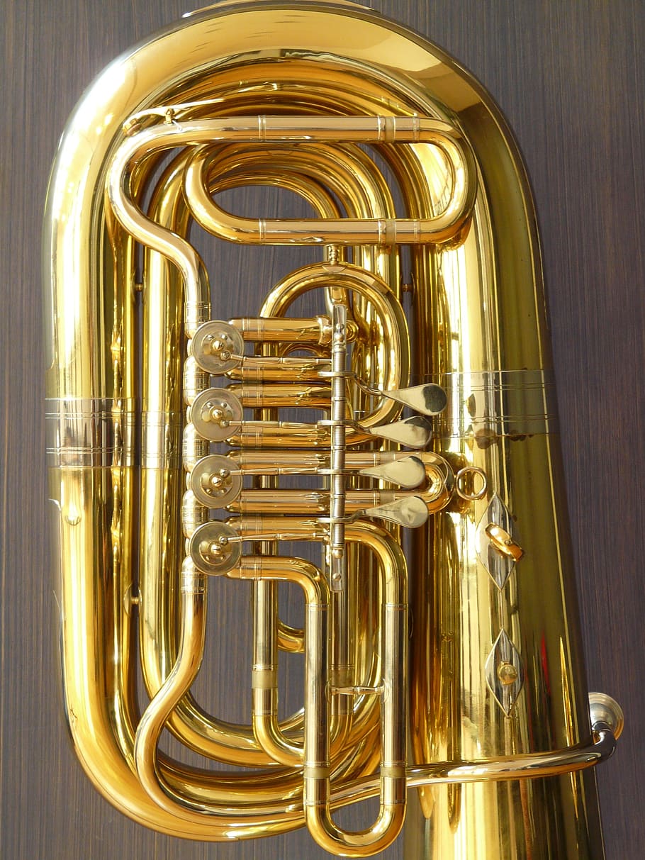 brass pocket trumpet, Rotary Valves, Tuba, valves, stimmzug, brass instrument, instrument, gloss, gold, play