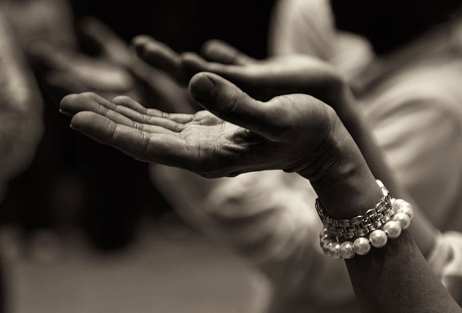 woman, wearing, beaded, white, bracelet, holding, hands, high, hand, buddhist prayer beads