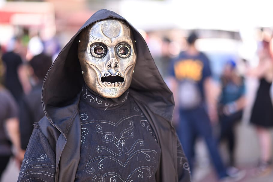 day of the dead, masked, hood, skeleton, halloween, costume, gold, cosplay, celebration, incidental people