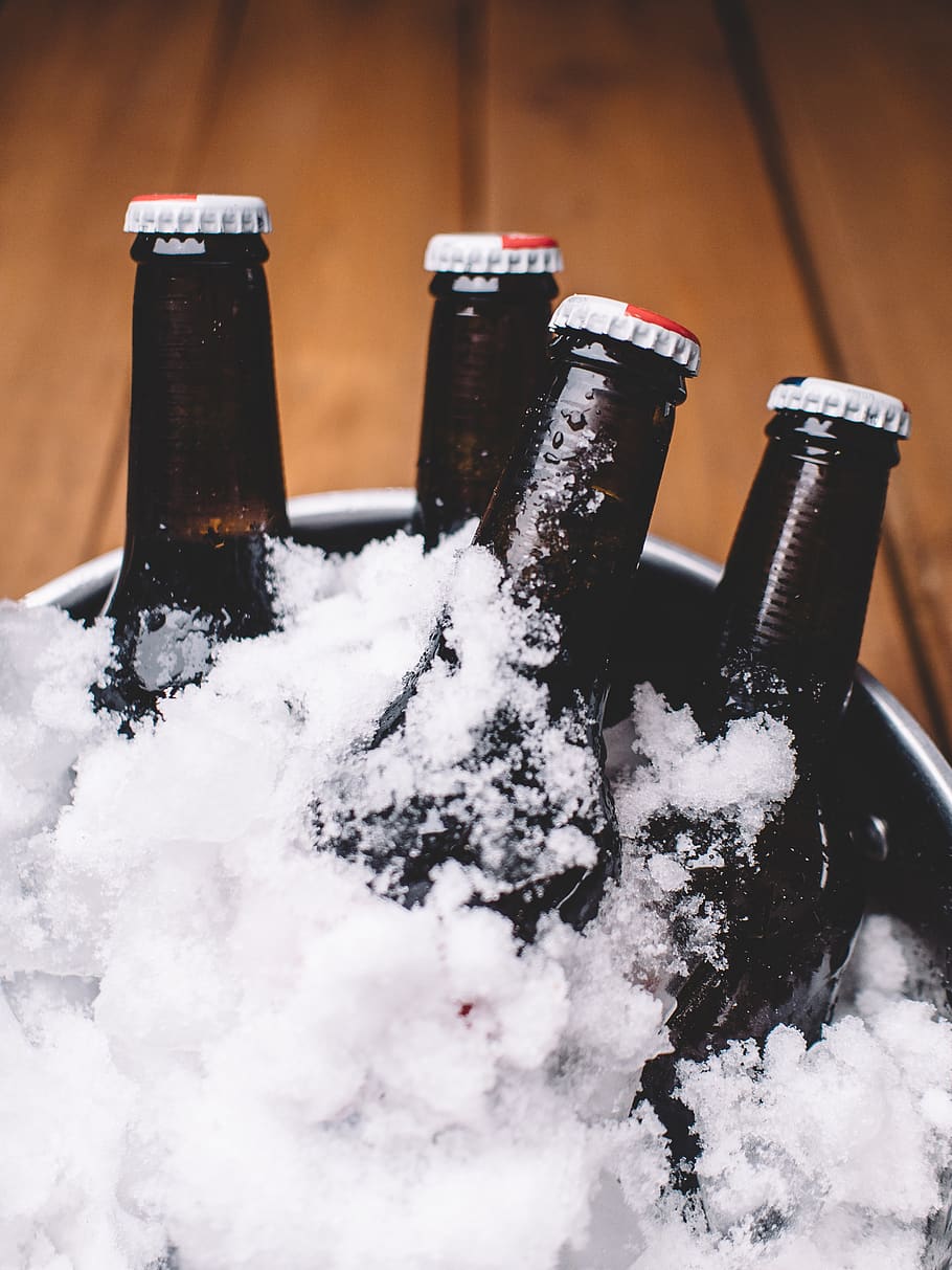 beer, bottles, bucket, ice, drinks, brews, cold temperature, food and drink, snow, close-up