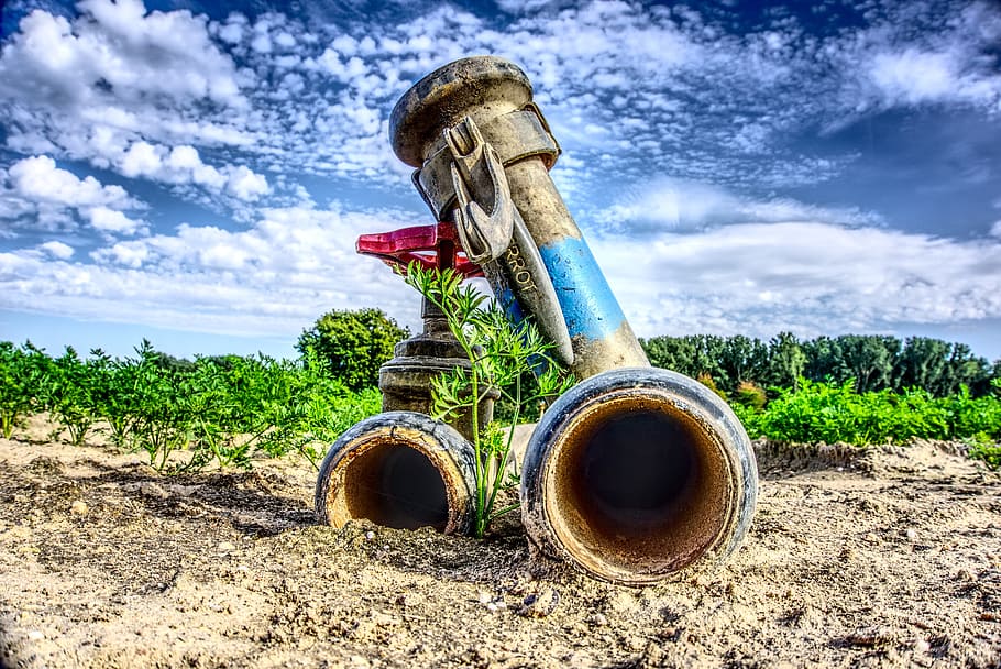 irrigation, water pipe, valve, barrier, stopcock, shut-off valve, agriculture, hdr, high dynamic range, contrast