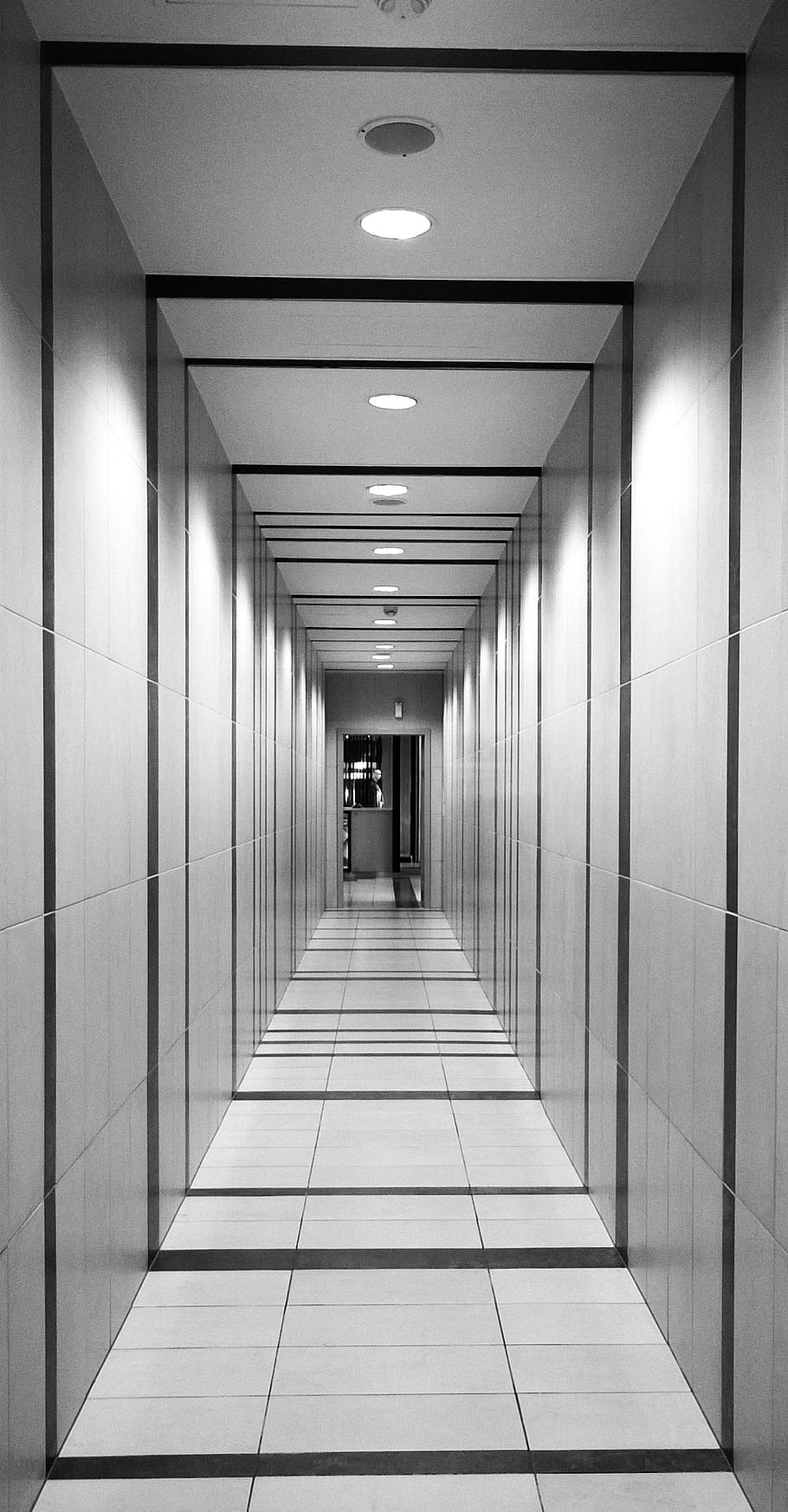 white corridor, hallway, perspective, tunnel, architecture, corridor, interior, floor, building, empty