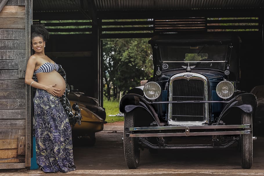 car, vehicle, transportation, vintage, old, garage, woman, african american, pregnan, mother