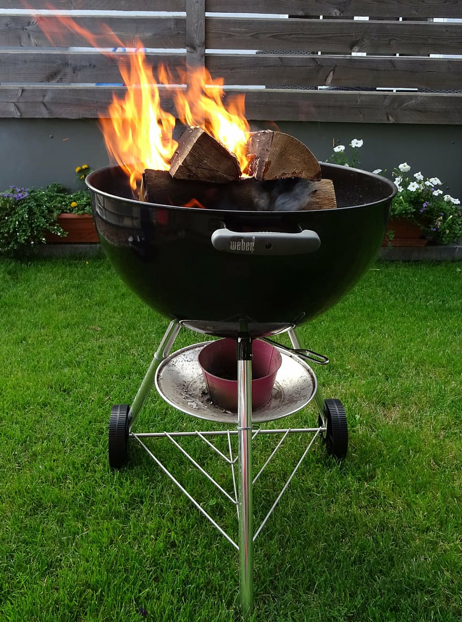 black gas grill, grill, fire, wood, bbq, burning, flame, fire - natural phenomenon, heat - temperature, grass