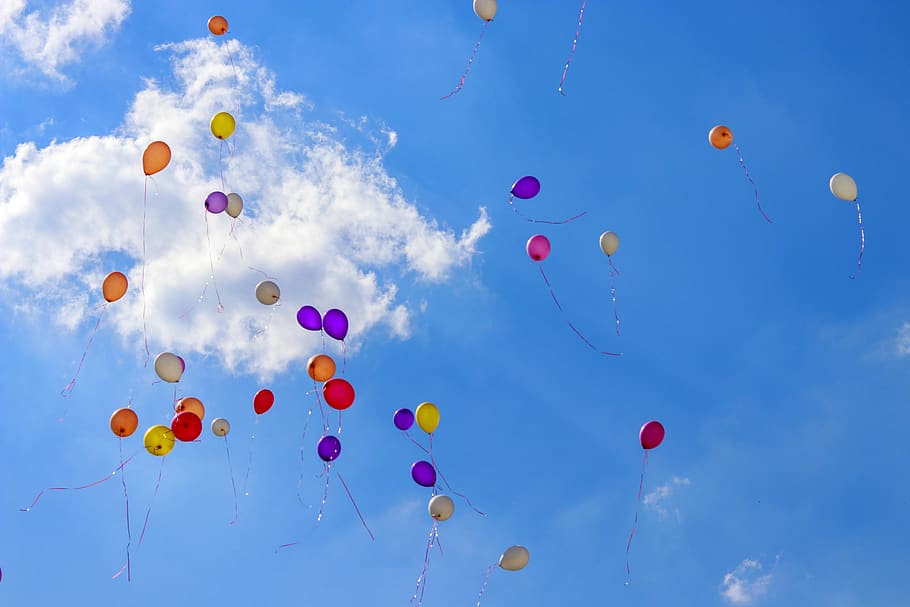 ballon, birthday, balloons, flying, air, sky, fun, color, ballooning, funny