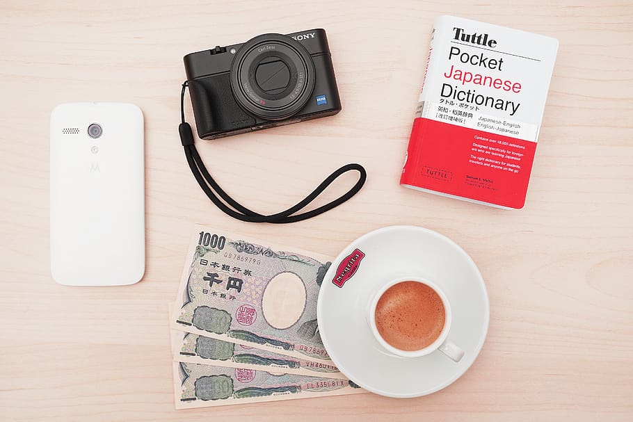camera, sony, cellphone, technology, book, money, dictionary, yen, plate, tea