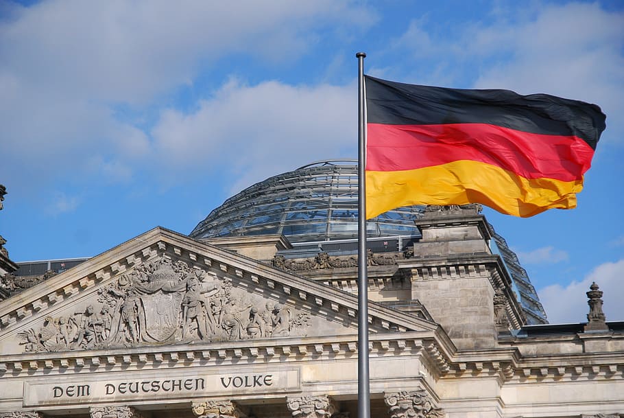 black, red, yellow, flag, pole, concrete, building, reichstag, berlin, government buildings