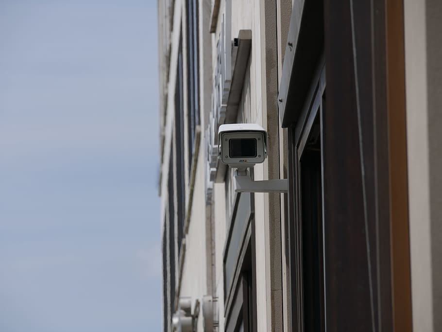 white, security camera, mounted, wall, camera, monitoring, nsa, video camera, security, video