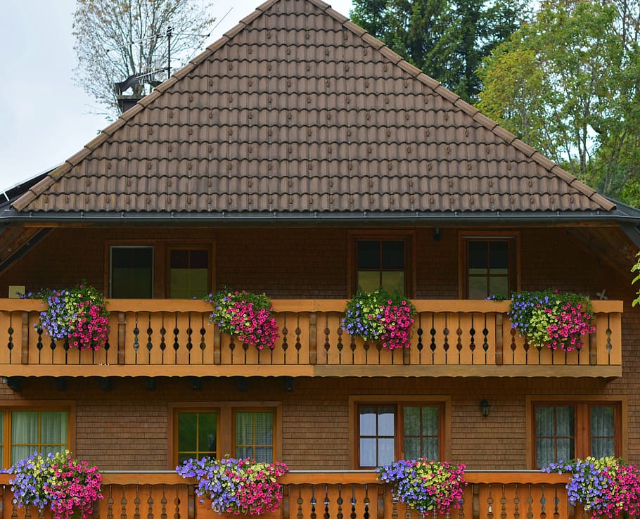 farmhouse, forest house, balcony with flowers, architecture, built structure, building exterior, building, roof, window, house