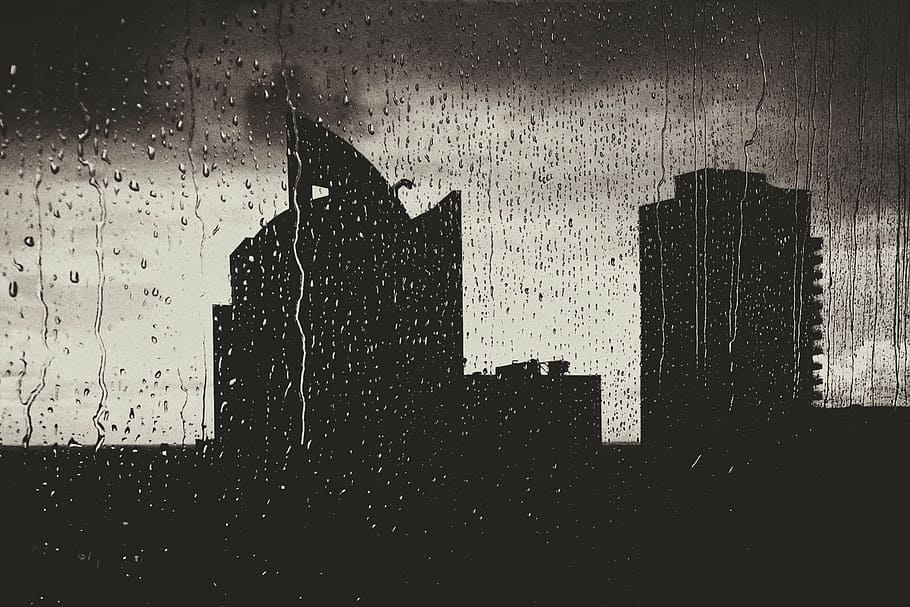 silhouette, high-rise, concrete, buildings, raining, rain drops, window, wet, apartments, architecture