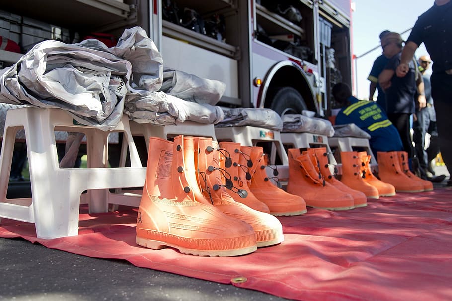 pairs, orange, boots, front, stools, firefighters, equipment, protection, danger, hazardous