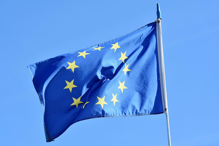 blue, yellow, star print flag, waving, flag, europe, europe flag, eu flag, star, eu