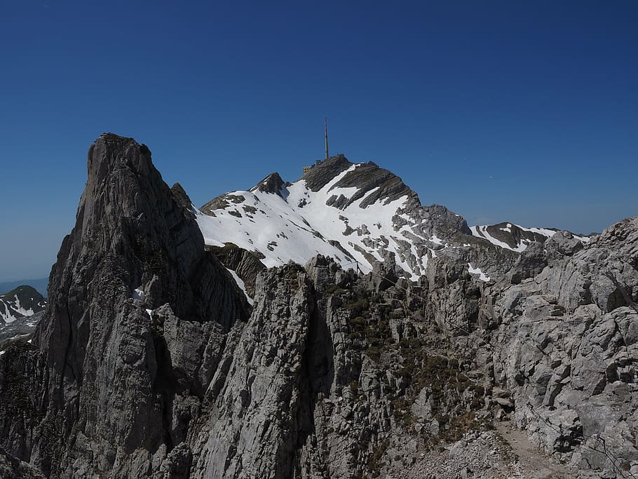 lensa ridge, memanjat, berebut, tali, säntis, gunung, alpine, salju, swiss alps, appenzell